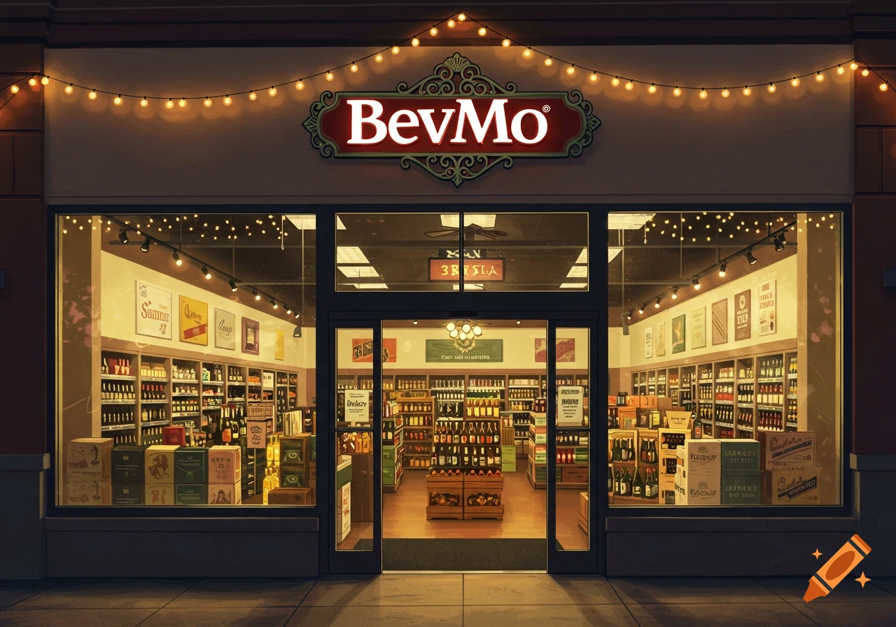 Exterior of a BevMo beverage store at night, with illuminated sign, string lights, and shelves of bottles visible through large windows.