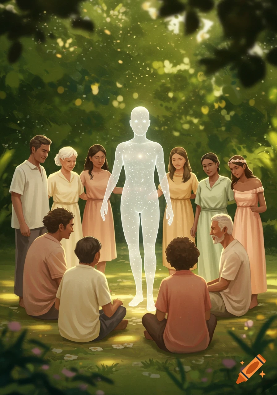A diverse group of people gather in a forest clearing around a glowing, ethereal human-shaped figure, depicted in a soft, pastel illustration.