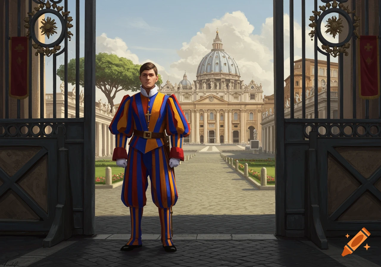A man in a colorful Swiss Papal Guard uniform stands centered in an open gate, with St. Peter's Basilica in the background under a cloudy sky.