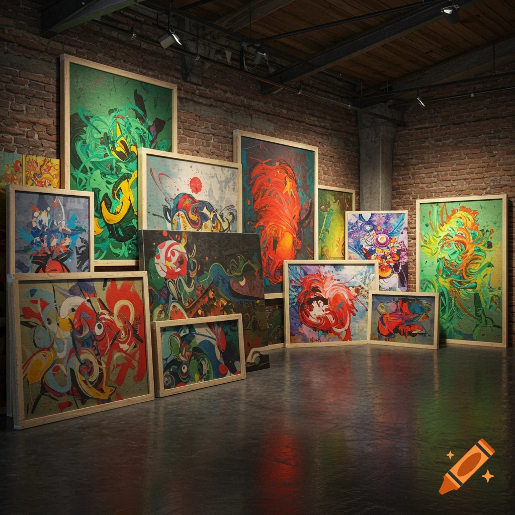 Multiple abstract paintings in vibrant colors displayed in an art gallery with brick walls and a concrete floor.