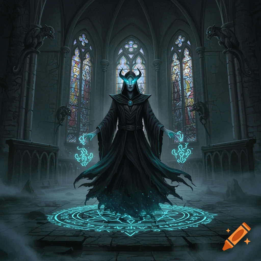 A dark sorcerer with glowing eyes and horns stands in a gothic cathedral, casting a spell within a glowing magic circle on the floor.