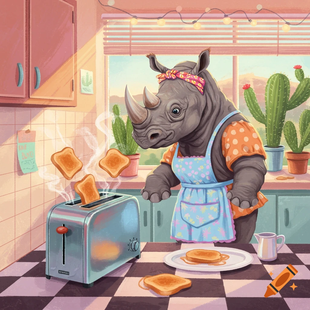 A cartoon rhino wearing an apron and headband watches toast pop out of a toaster in a colorful kitchen.