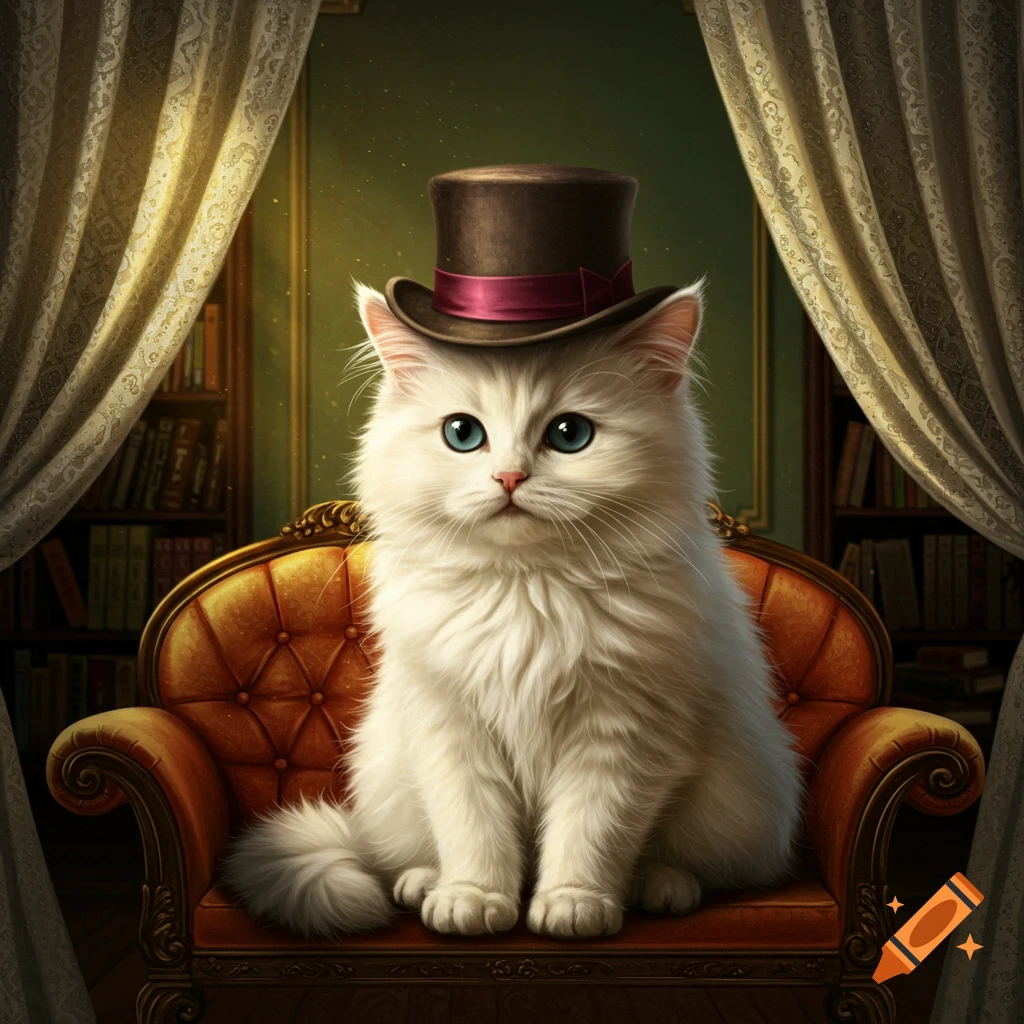 A fluffy white cat wearing a brown top hat sits formally on an ornate gold armchair in a photorealistic library setting.