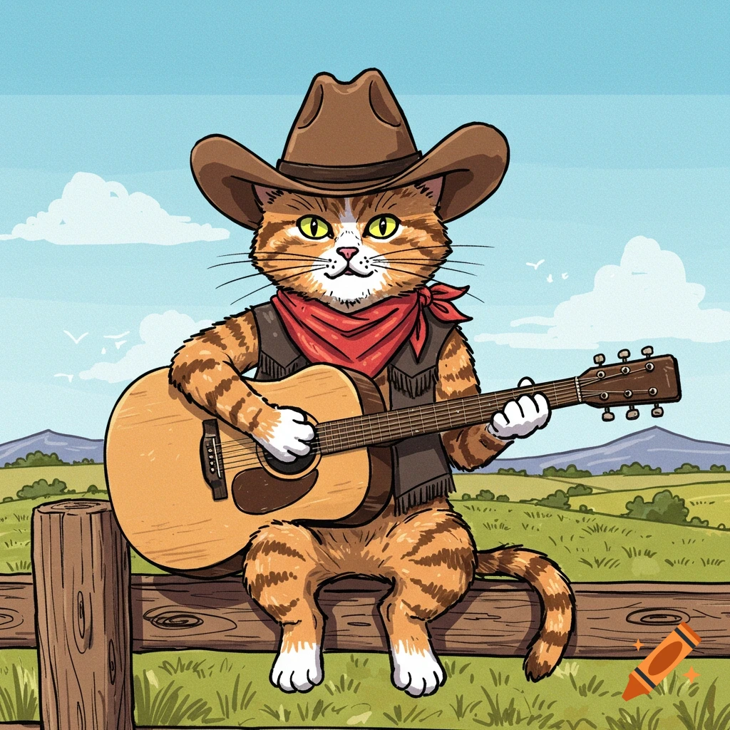 Cartoon cat in cowboy hat playing acoustic guitar on a wooden fence in a rural landscape.