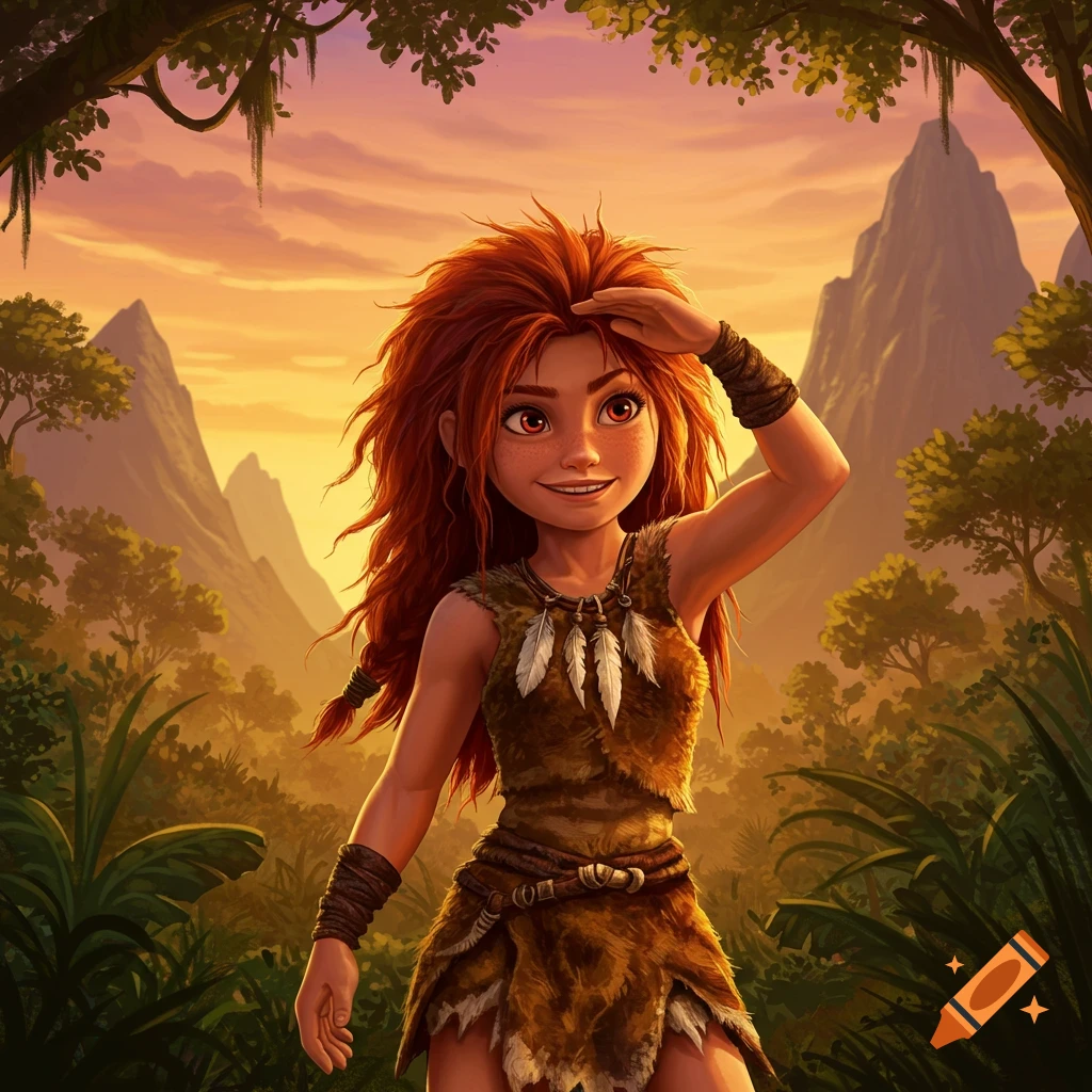 A red-haired cave girl in a fur outfit smiles and shields her eyes, looking into the distance in a lush prehistoric jungle at sunset.
