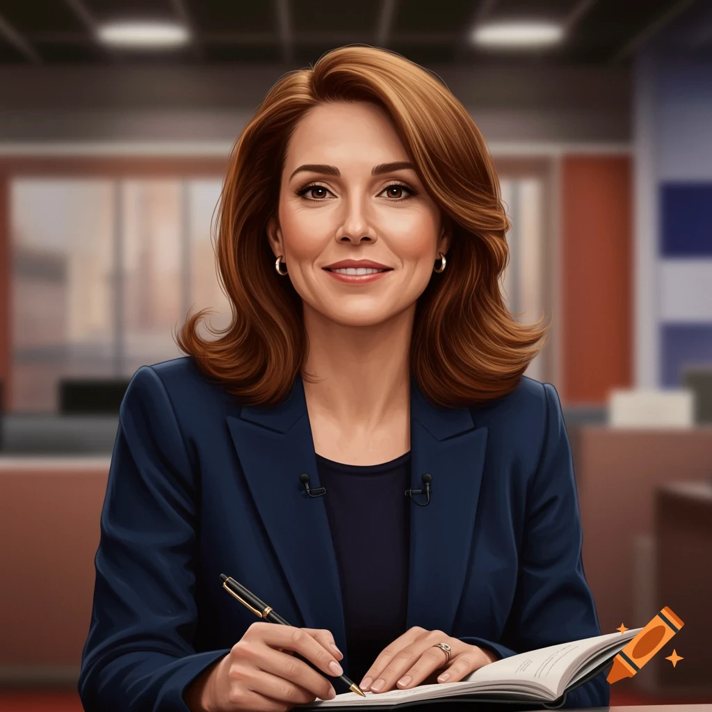 A photorealistic portrait of a smiling woman with brown hair in a blue blazer, writing in a notebook at a desk.