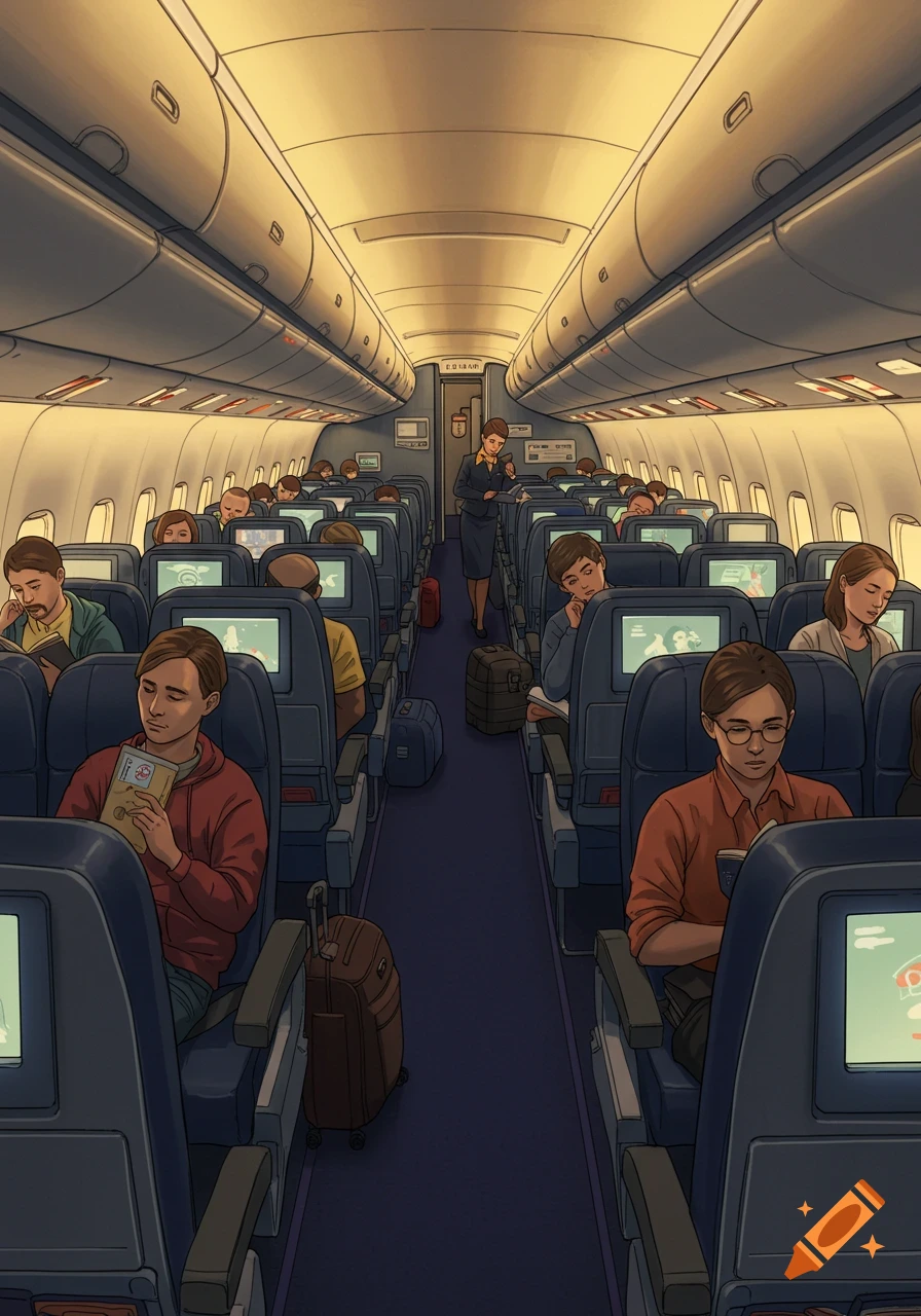 An illustration of the interior of a full airplane cabin with passengers seated and a flight attendant standing in the aisle.