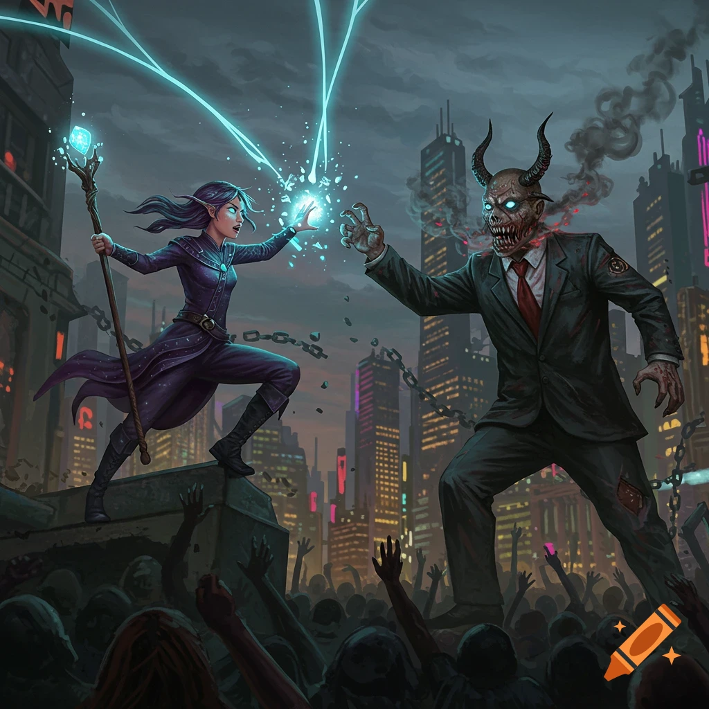 A sorceress battles a horned, zombie-like businessman with magic in a dark, dystopian city, surrounded by a crowd of the undead.