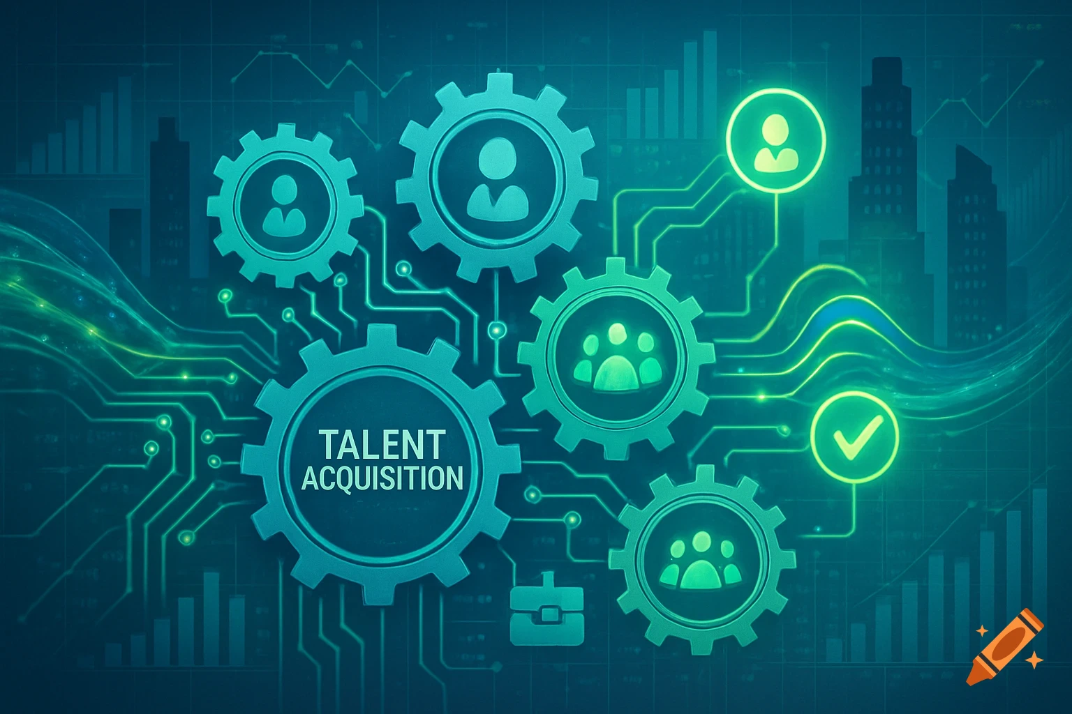 Abstract digital illustration of gears with human and checkmark icons, circuit lines, and graphs, with 'TALENT ACQUISITION' text on a gear, in blue and green.