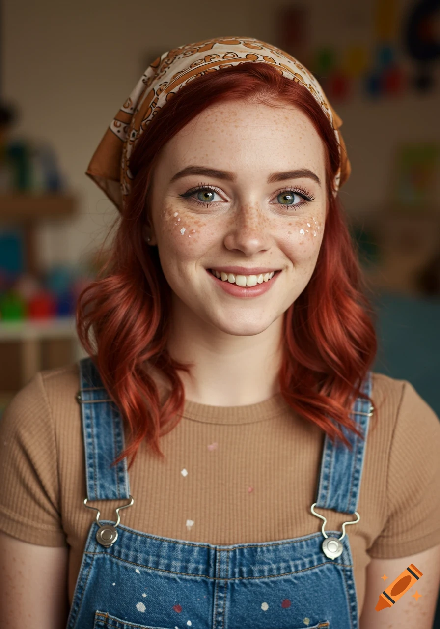 A smiling young woman with red hair, green eyes, and freckles, wearing a kerchief and paint-splattered overalls.