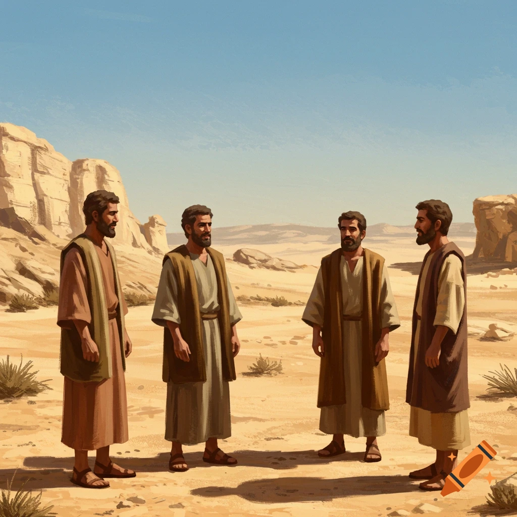 Four men in ancient robes stand in a desert landscape with rocky hills in an illustration.