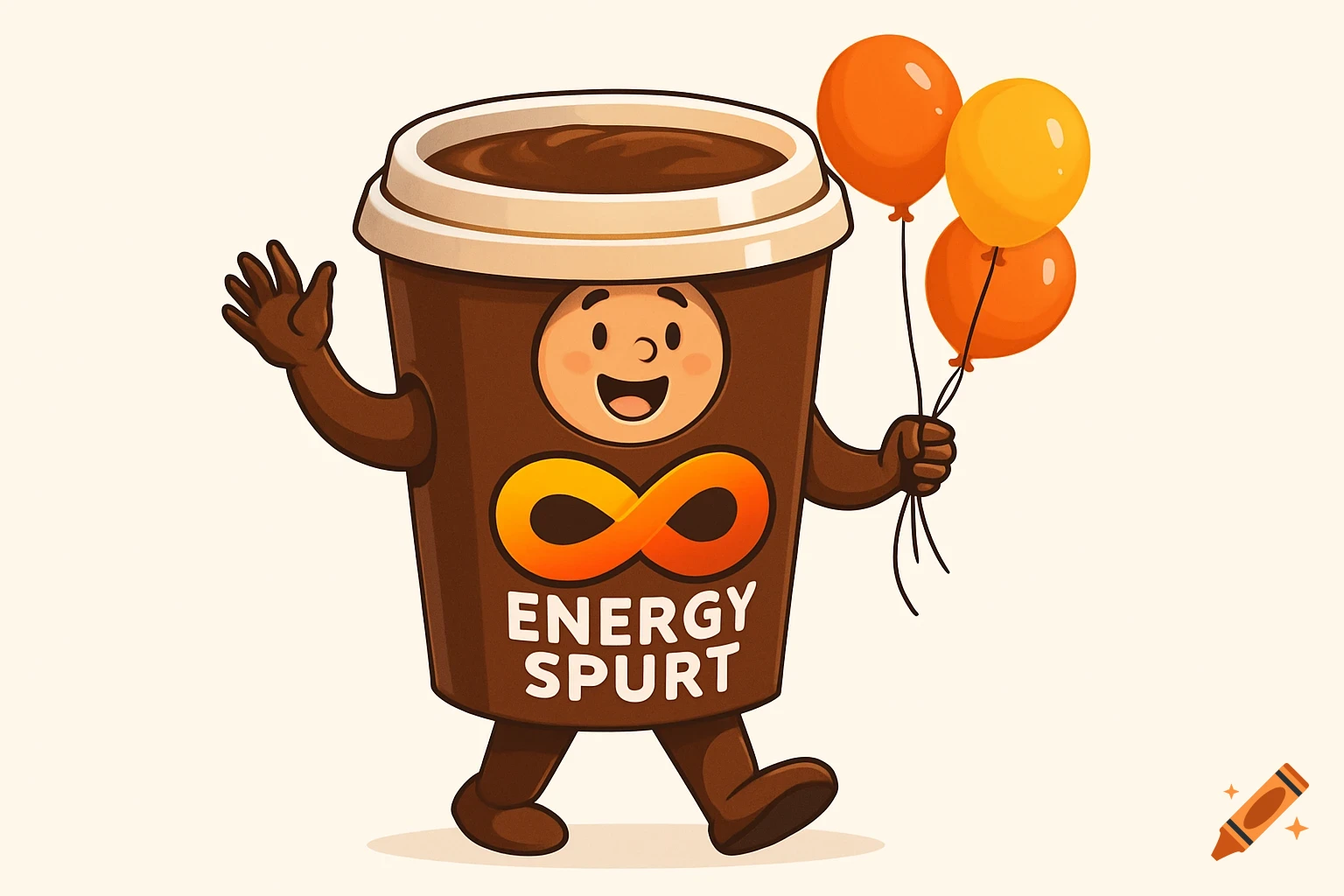 A cheerful cartoon coffee cup mascot with an infinity logo and 'ENERGY SPURT' text, waving and holding orange and yellow balloons.