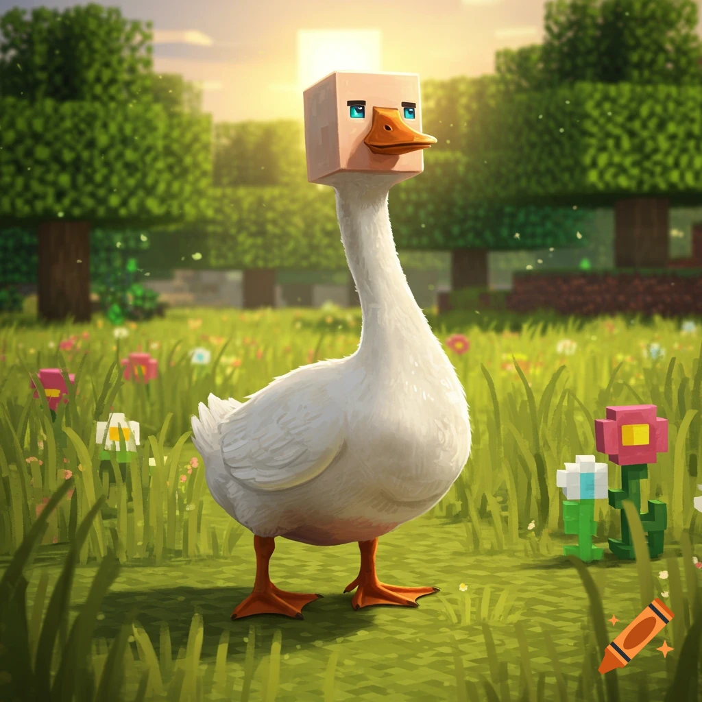 A white goose with a blocky Minecraft villager head stands in a blocky green field with flowers under a sunny sky.