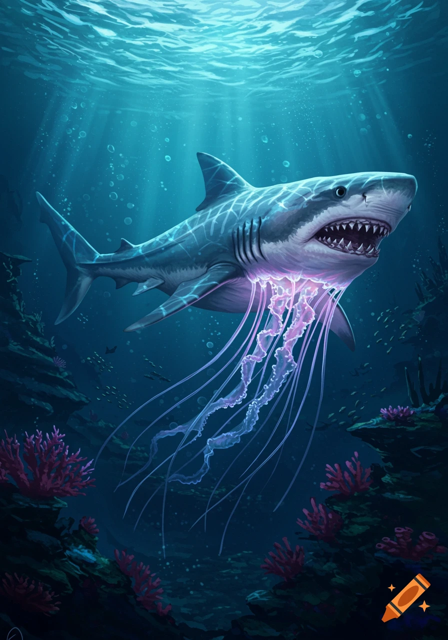 A vibrant digital illustration of a glowing shark-jellyfish mutant swimming underwater amidst coral and sunlight.