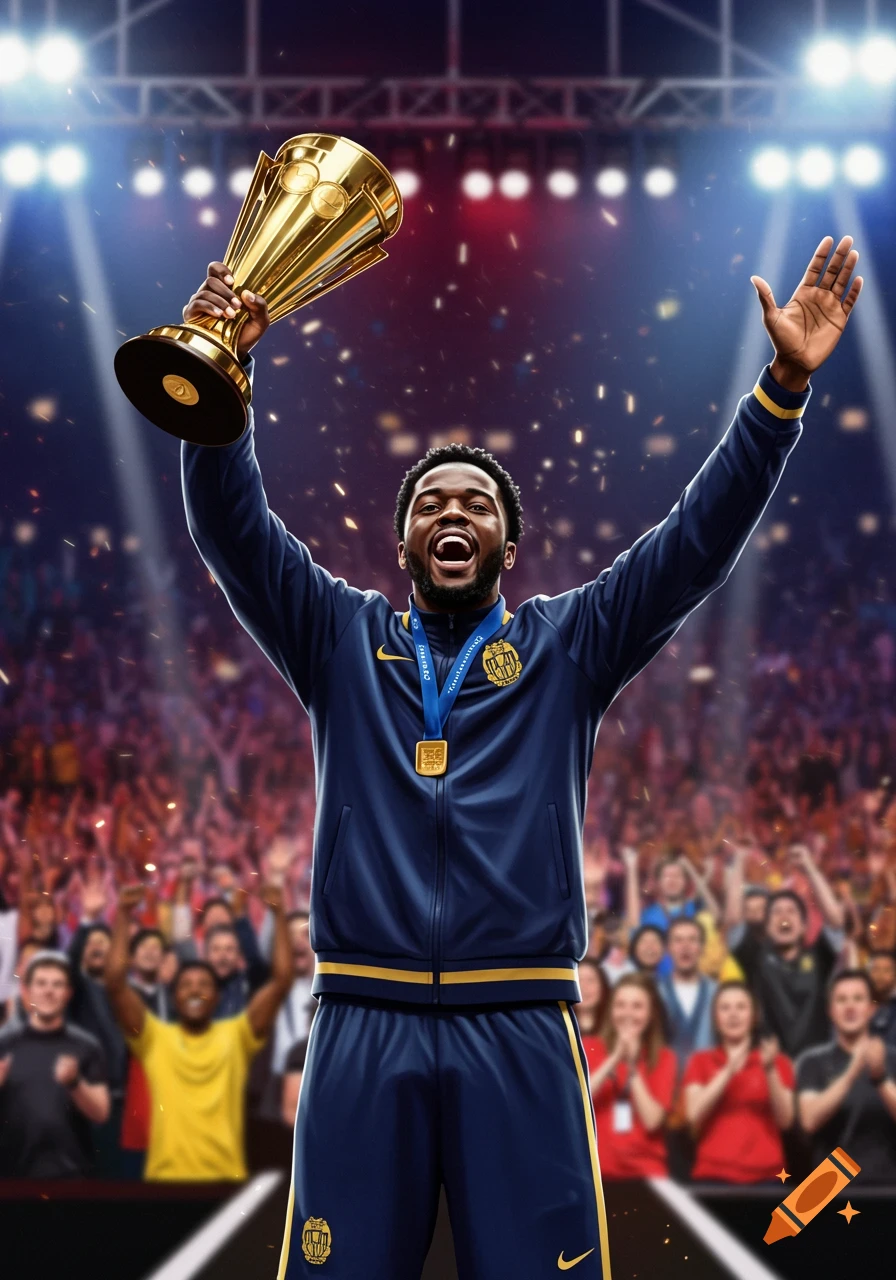 A Black man in a dark blue tracksuit raises a golden trophy in a stadium filled with a cheering crowd, confetti falling around him.