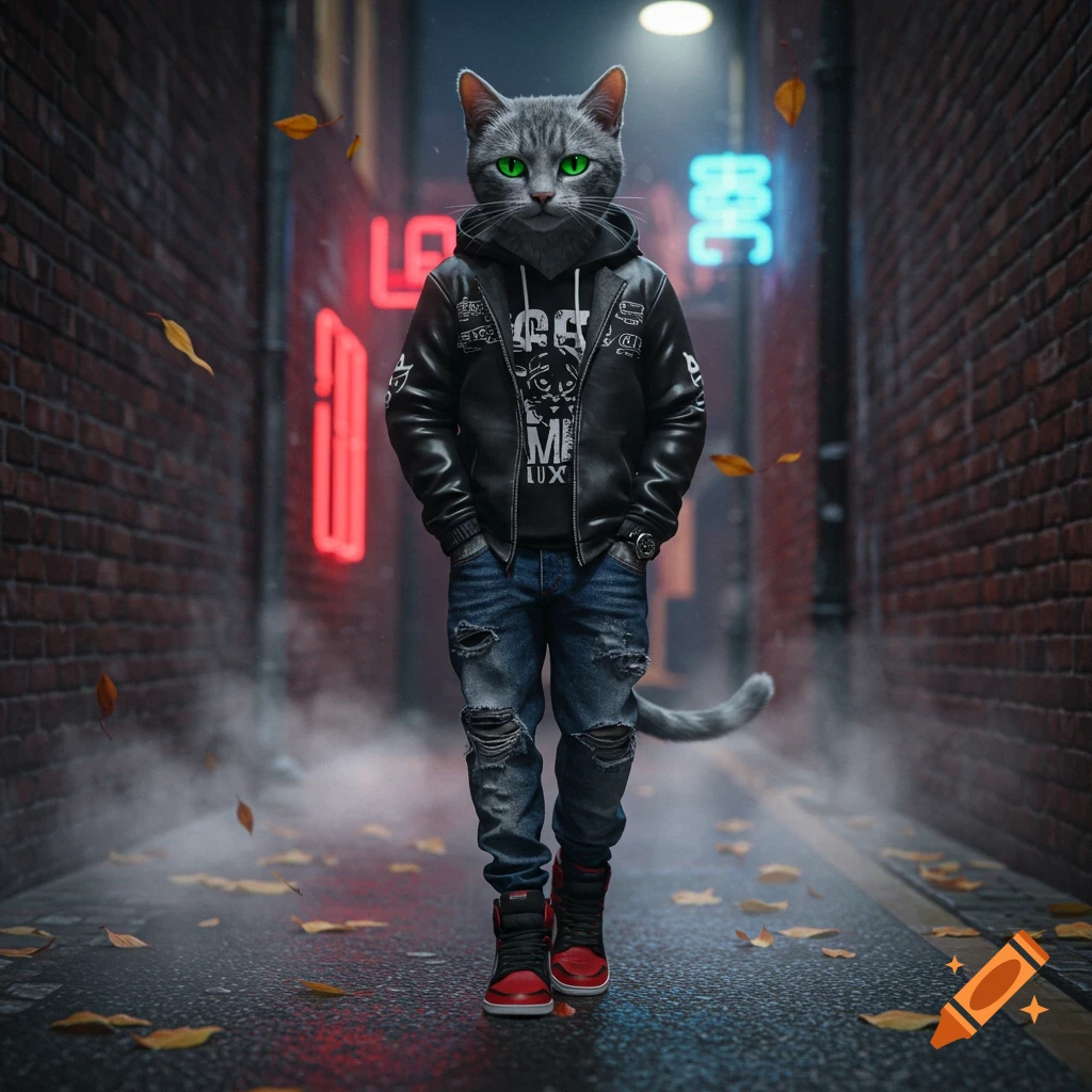 A photorealistic grey cat in streetwear, wearing a black leather jacket and ripped jeans, walks in a neon-lit urban alley.