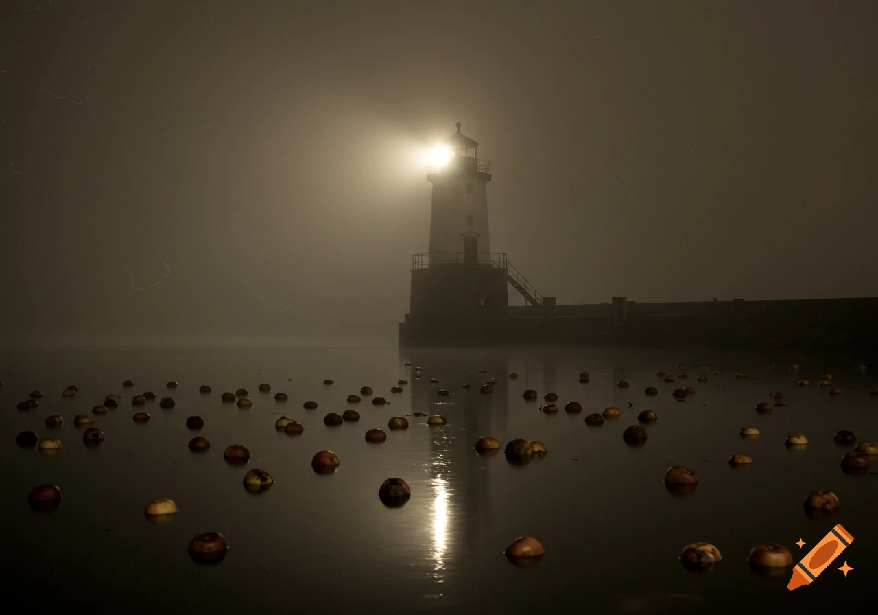 A grainy vintage photograph of a lighthouse in a foggy harbor at midnight, with many rotten apples floating on the dark water.