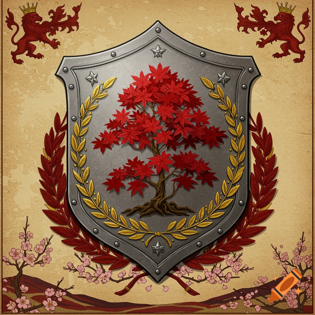 A detailed heraldic coat of arms featuring a red Japanese maple tree on a metallic shield, flanked by golden and red wreaths, with crowned red lions and cherry blossoms.