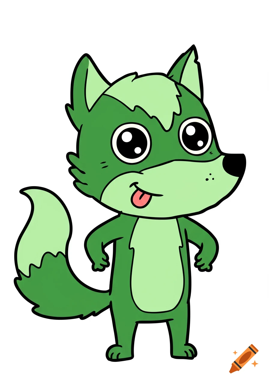 A happy, green cartoon wolf with big eyes and its tongue sticking out stands on a white background.