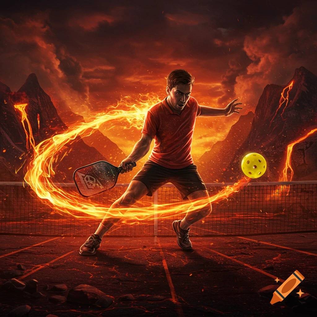 A man plays pickleball on a fiery court surrounded by erupting volcanoes, with fire swirling around him and the ball.
