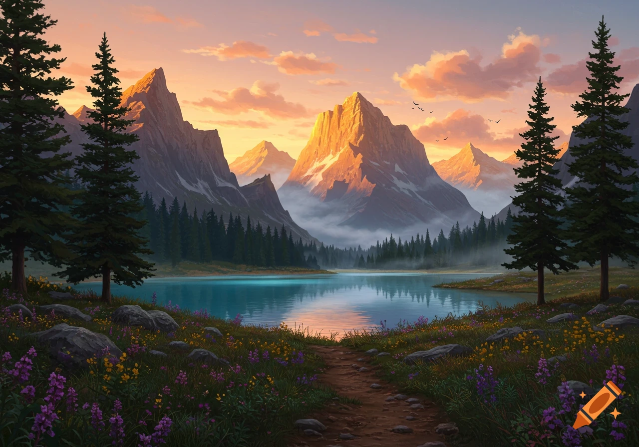 Serene mountain landscape at sunset with golden peaks, a blue lake, pine trees, and a dirt path among wildflowers.