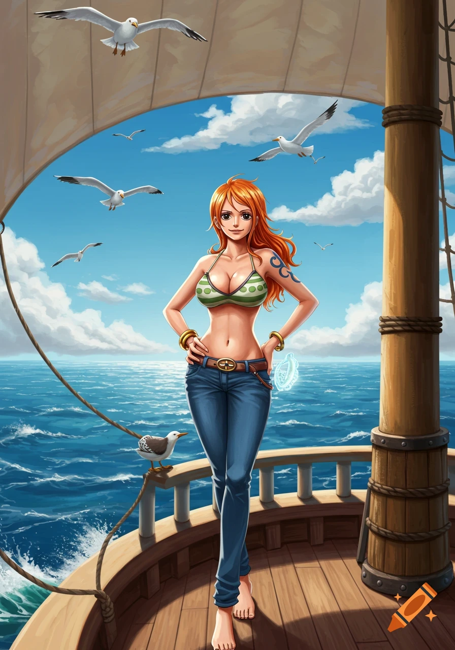 Anime art of Nami from One Piece standing on a ship deck with seagulls and ocean in the background.