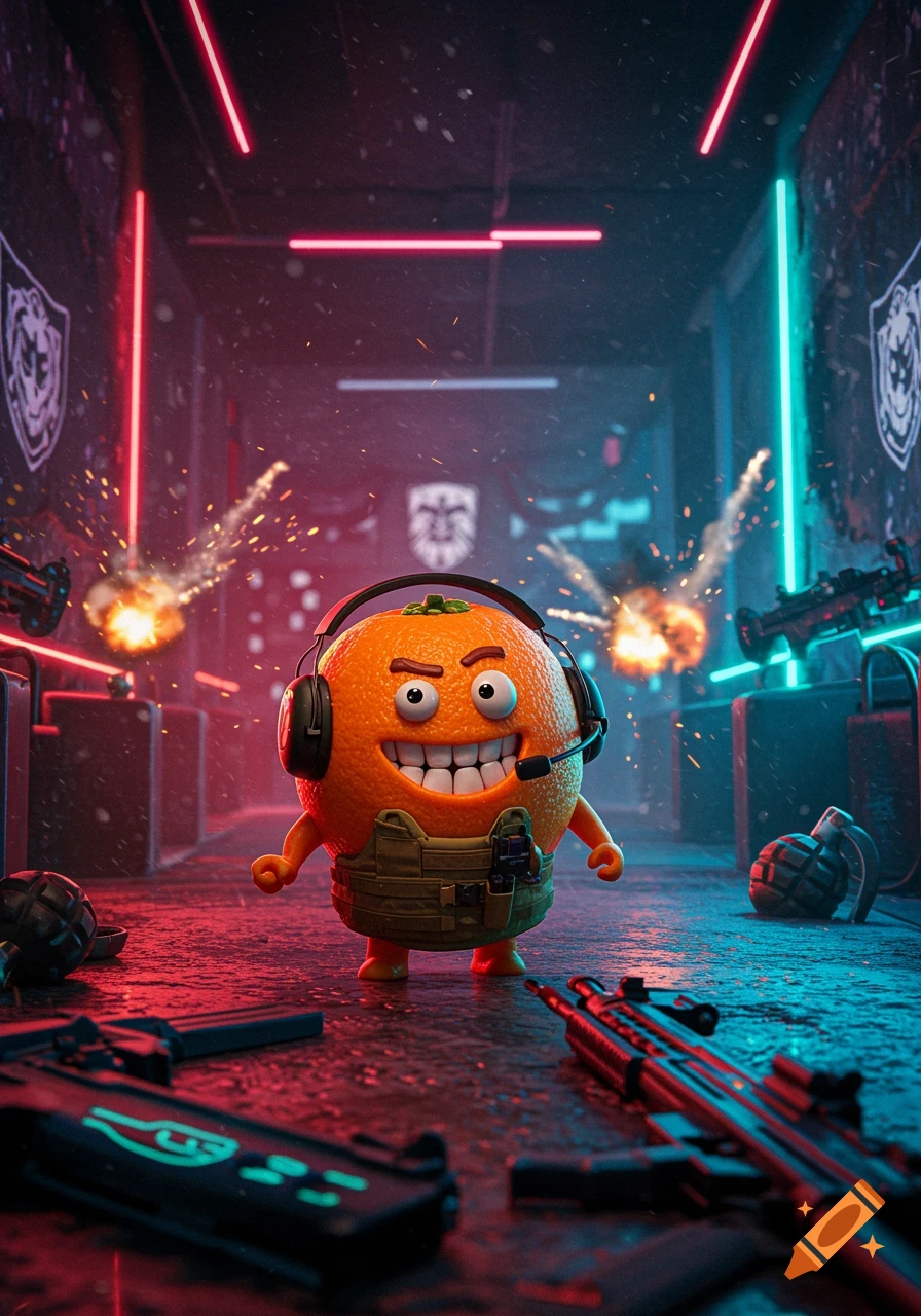 A cartoon orange character wearing a combat vest and headset stands in a dark, neon-lit room with guns and explosions, resembling a video game scene.
