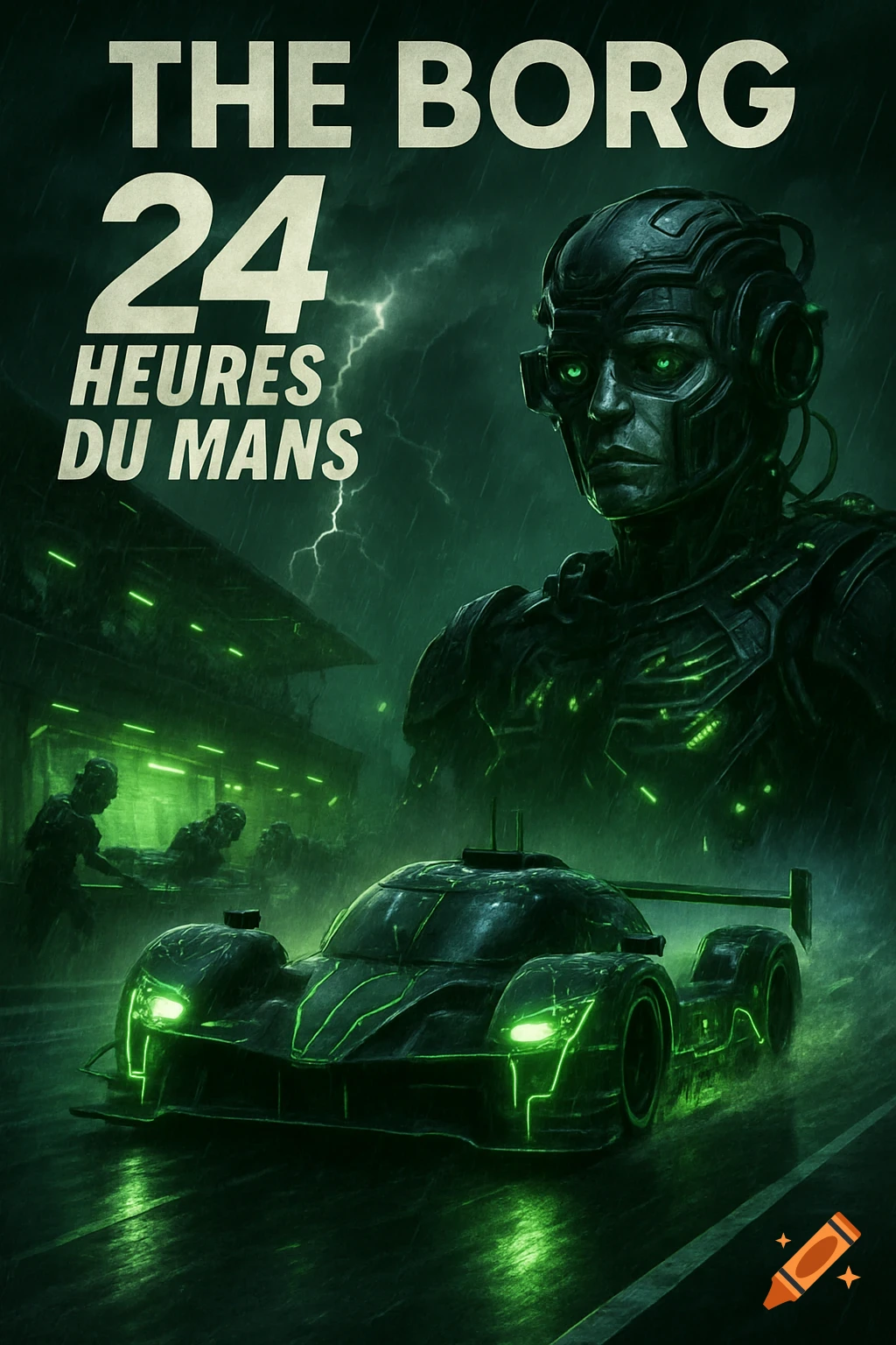 Promotional poster for 'The Borg 24 Heures Du Mans' with a Borg drone, a futuristic green race car, and lightning in the rain.