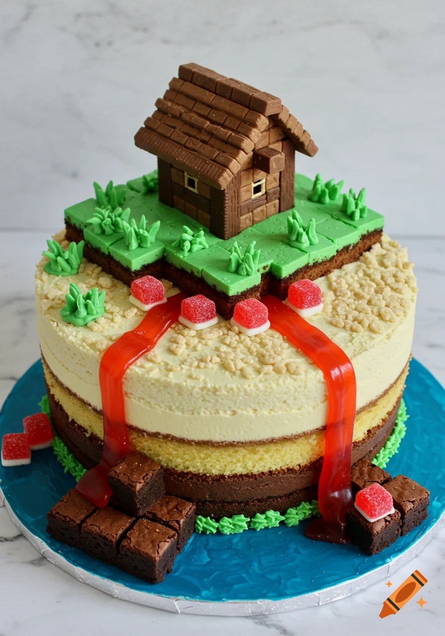 A detailed Minecraft-themed birthday cake featuring a blocky house, green grass, sandy ground, red jelly lava, and brownie blocks.