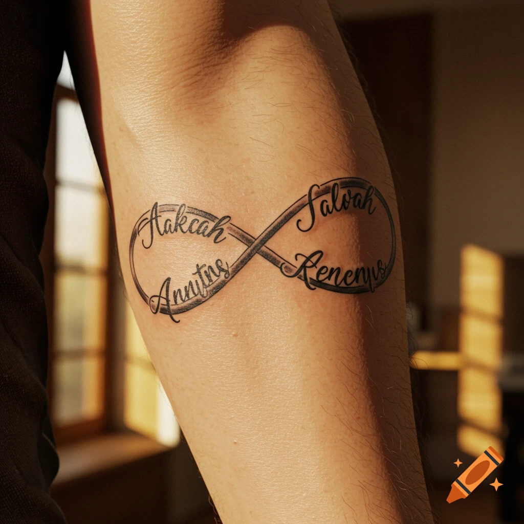 A close-up photograph of a tattoo on a person's arm featuring an infinity symbol with four names: Aakcah, Anntns, Salvah, and Kenenys.