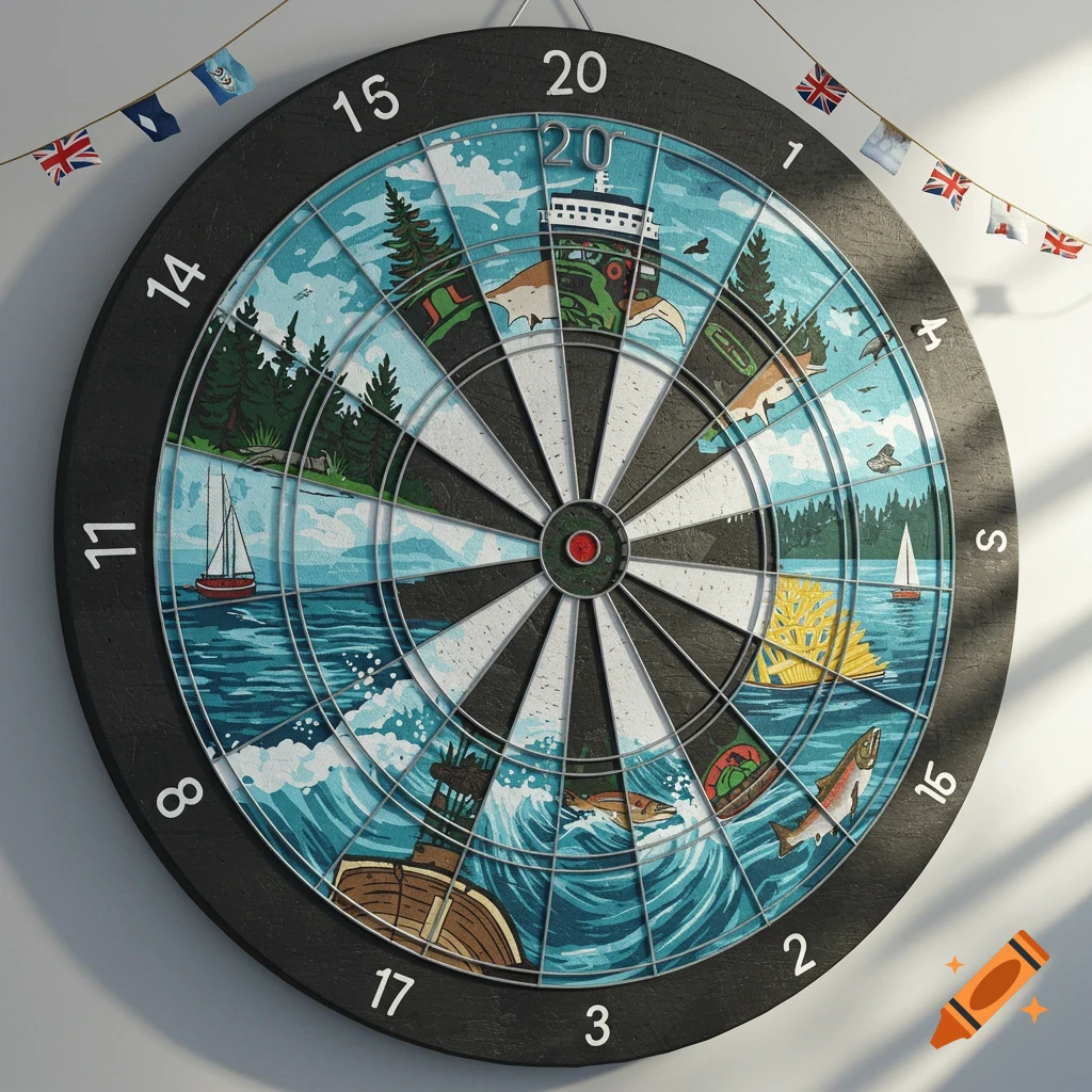 A dartboard with illustrated segments depicting a ferry, boats, marine life, and forests over blue water, with flags above.