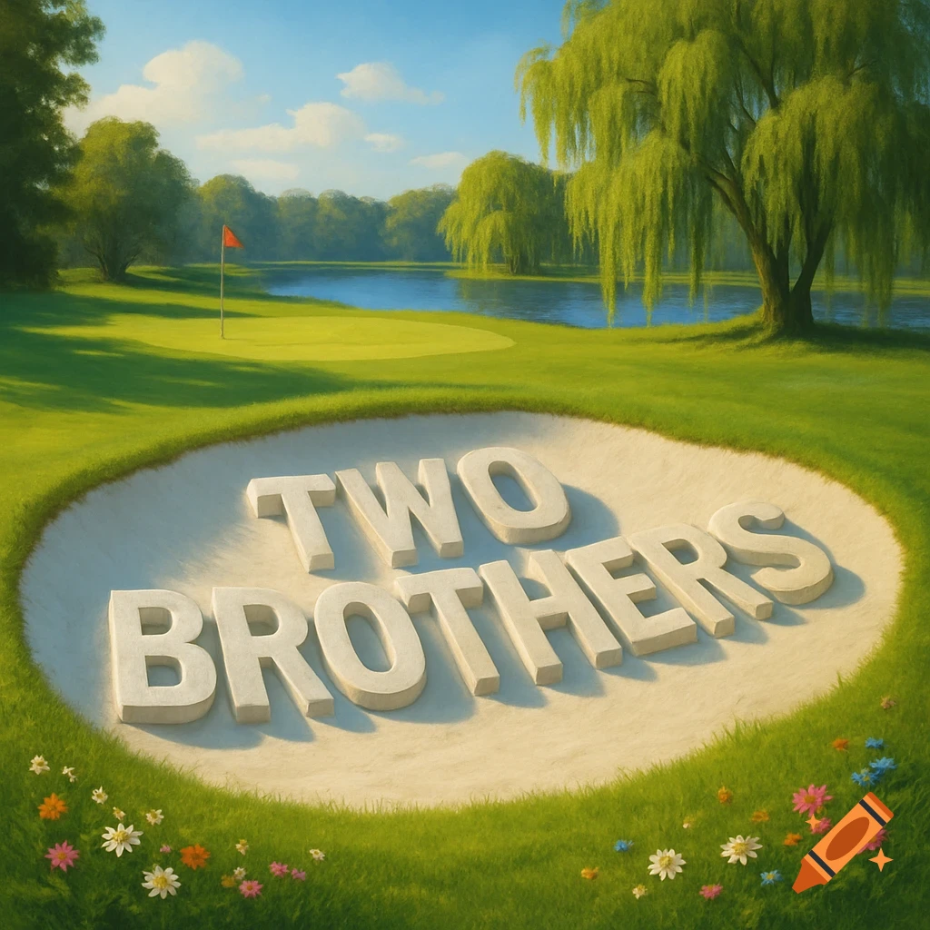 A golf course sand trap with 'TWO BROTHERS' sculpted in 3D letters, a green, red flag, lake, and willow trees.