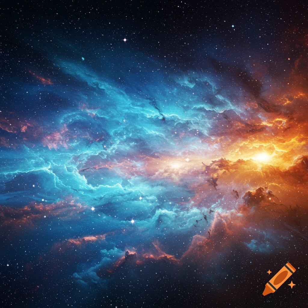 A vibrant blue and orange nebula glows brightly amidst a field of stars in deep space.