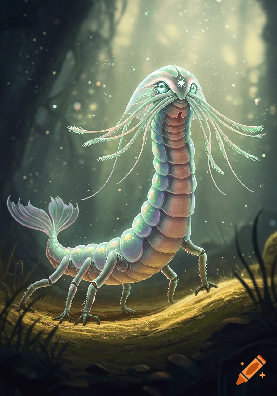 A long, segmented, iridescent creature with a frond-like head, gem-like eyes, and a fan-shaped tail walks on a forest floor.