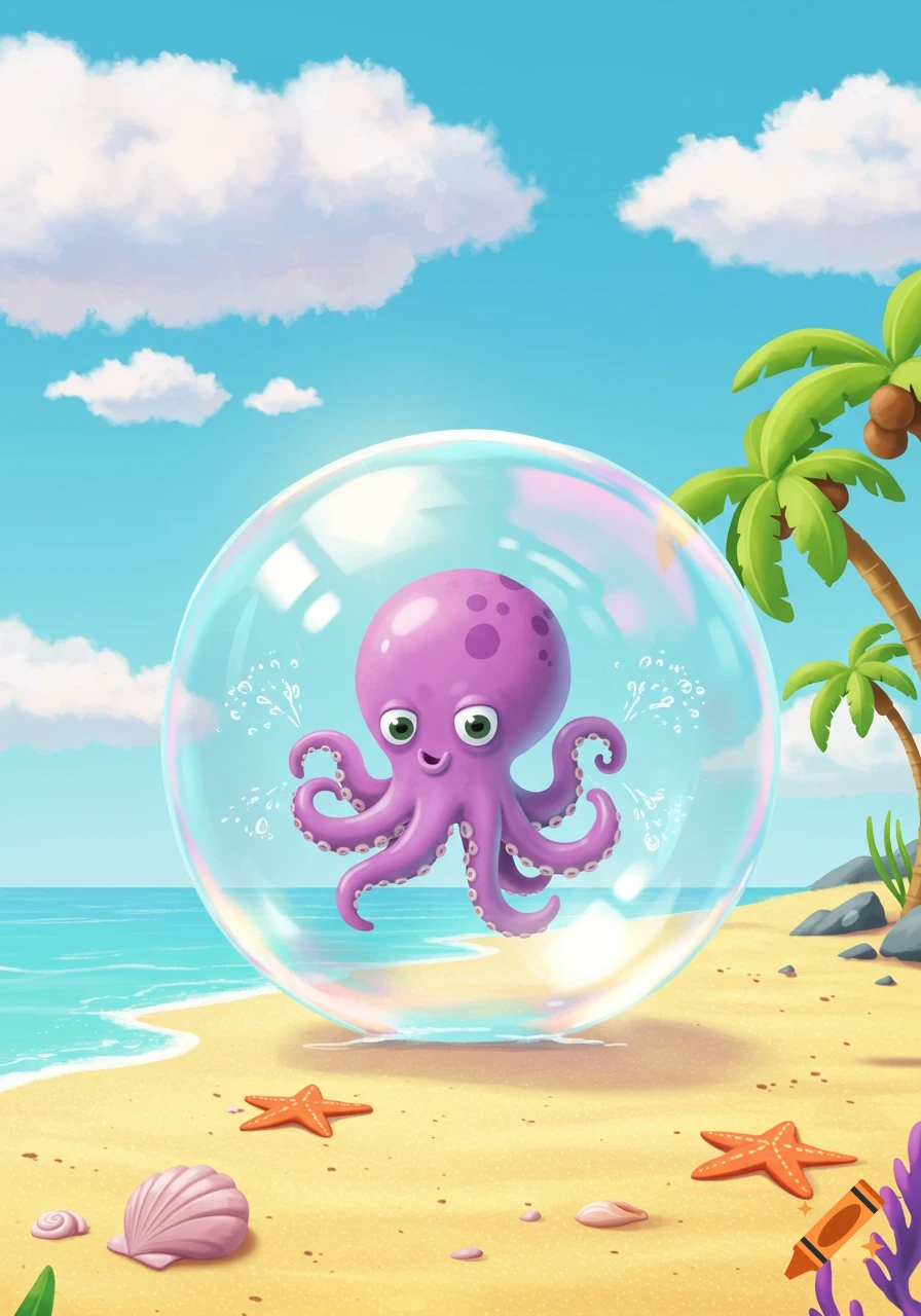 A small purple cartoon octopus inside a giant clear bubble on a sandy beach with palm trees and the ocean in the background.