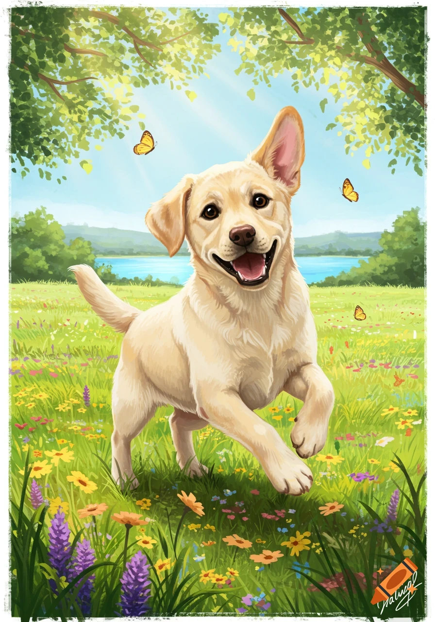 A happy yellow Labrador puppy runs through a colorful wildflower meadow under a bright sky with butterflies, in an illustrative style.