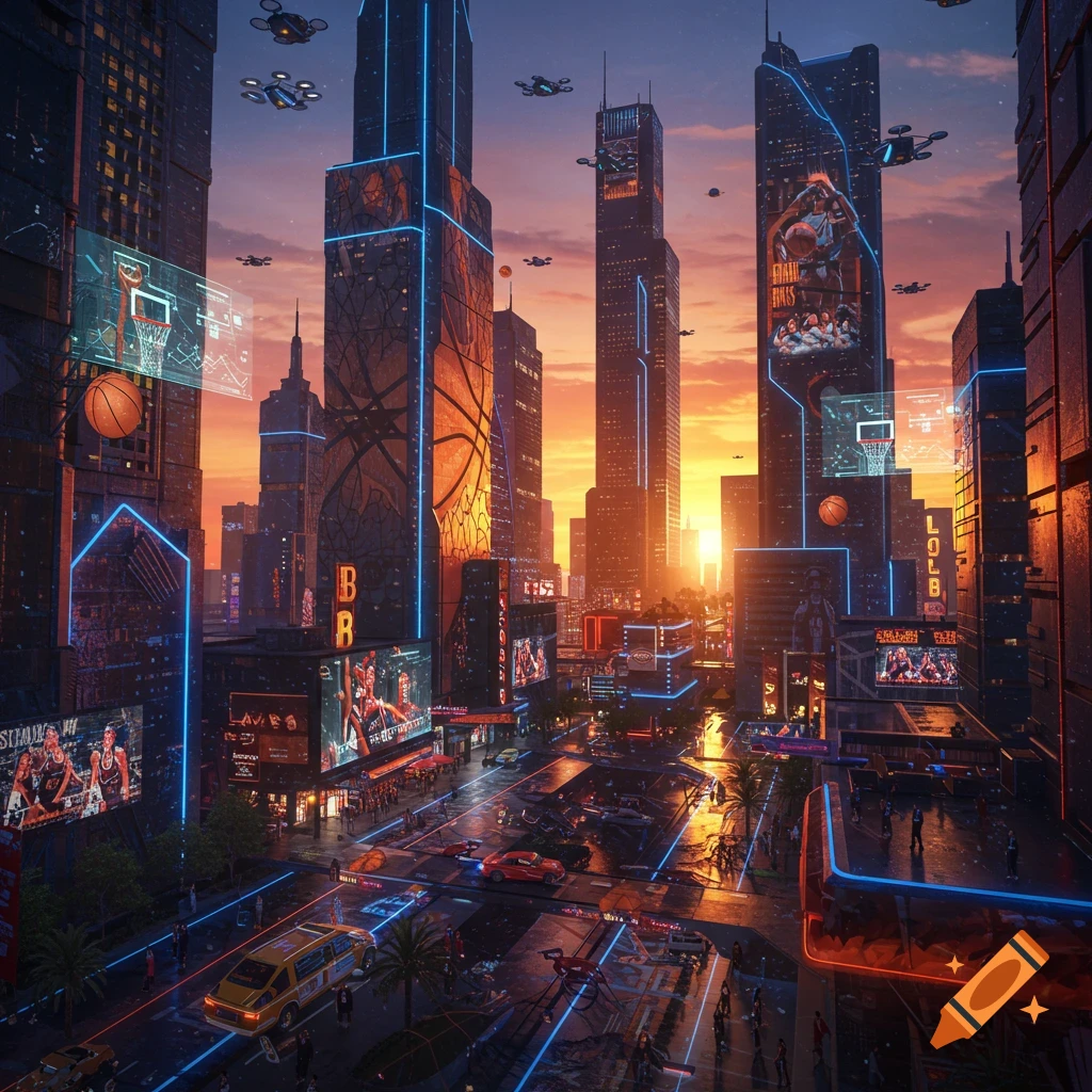 A futuristic city at sunset, adorned with neon lights and holographic basketball displays, featuring drones and bustling streets.
