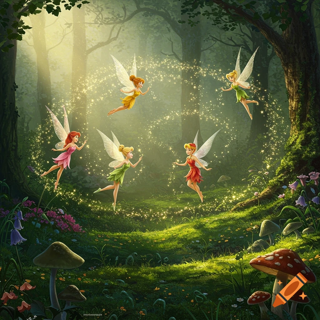 Five colorful fairies with wings fly and dance in a magical, sunlit forest clearing with glowing particles.