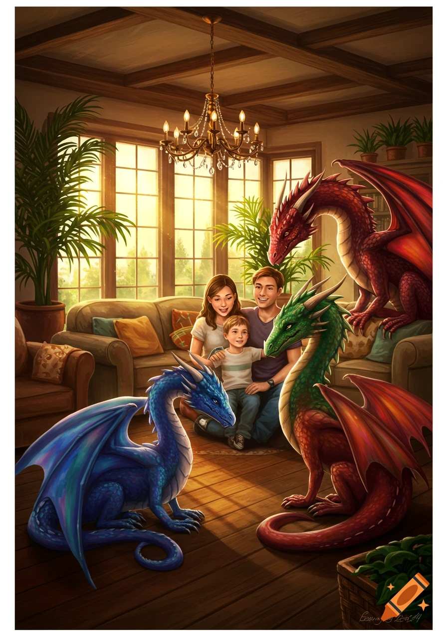 A family with three pet dragons in a sunlit living room.