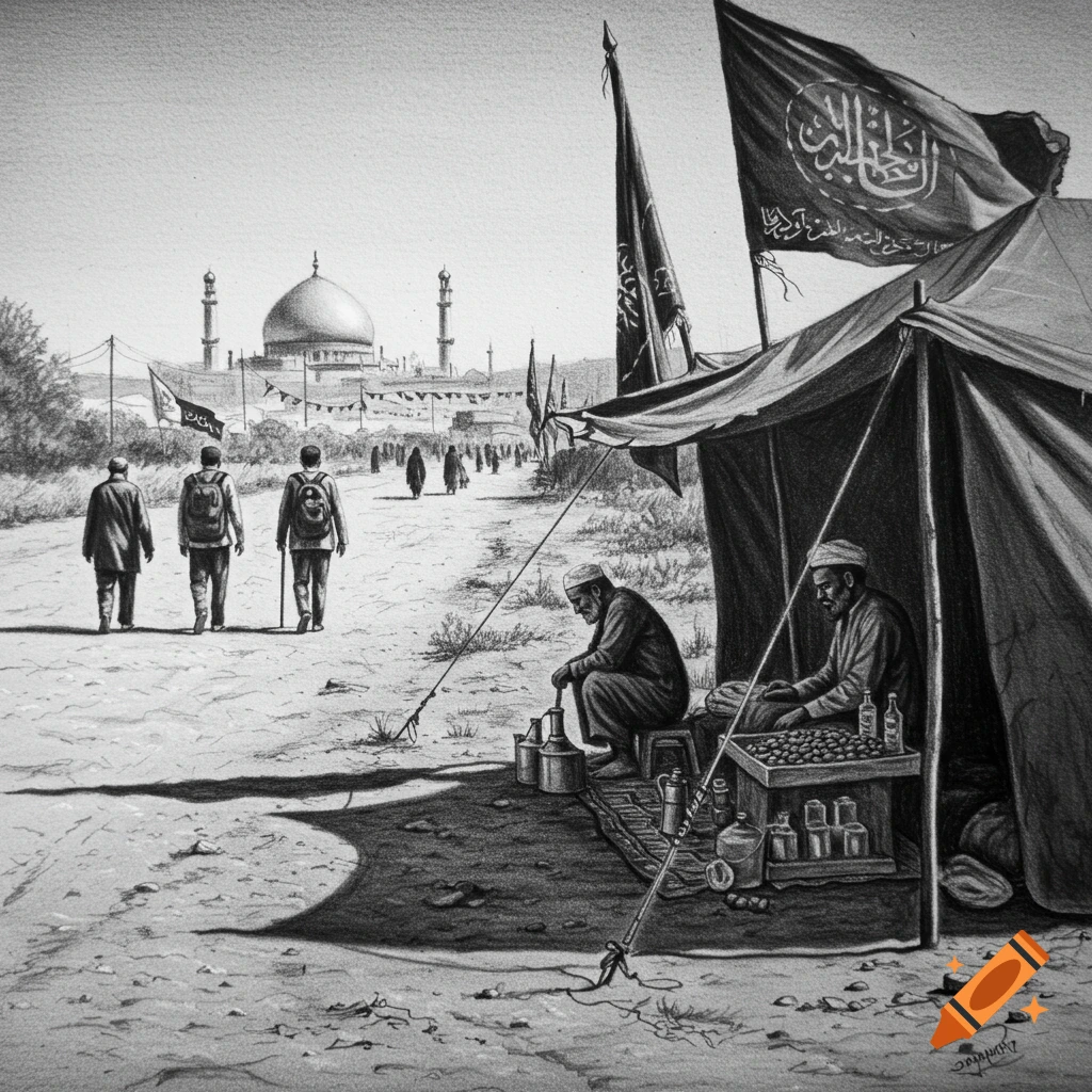 Black and white pencil drawing of pilgrims on a dusty road towards a distant mosque, with two men sitting by a tent and flags in the foreground.