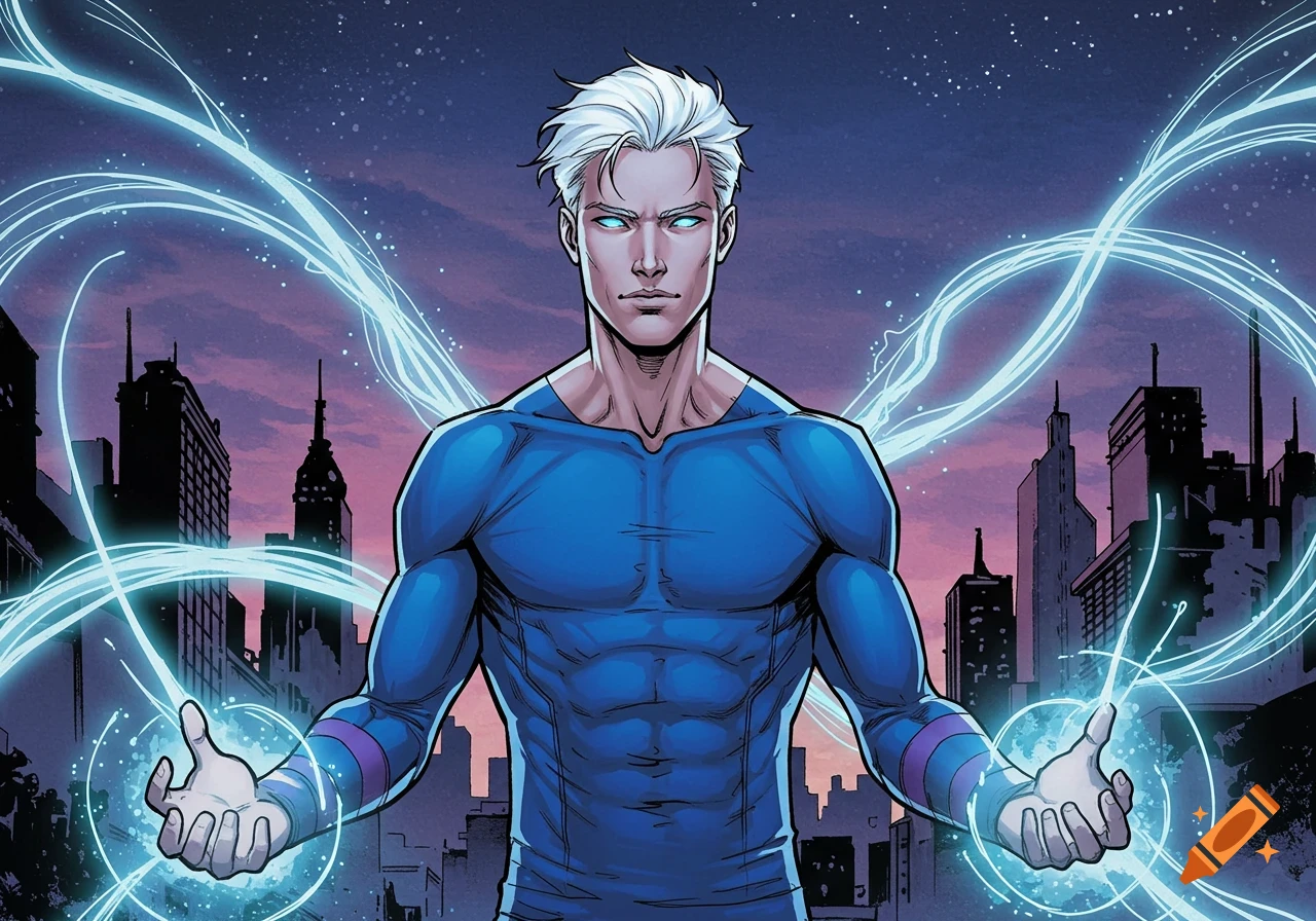 A white-haired male superhero with glowing blue eyes and energy emitting from his hands, wearing a blue suit, against a comic book city skyline.