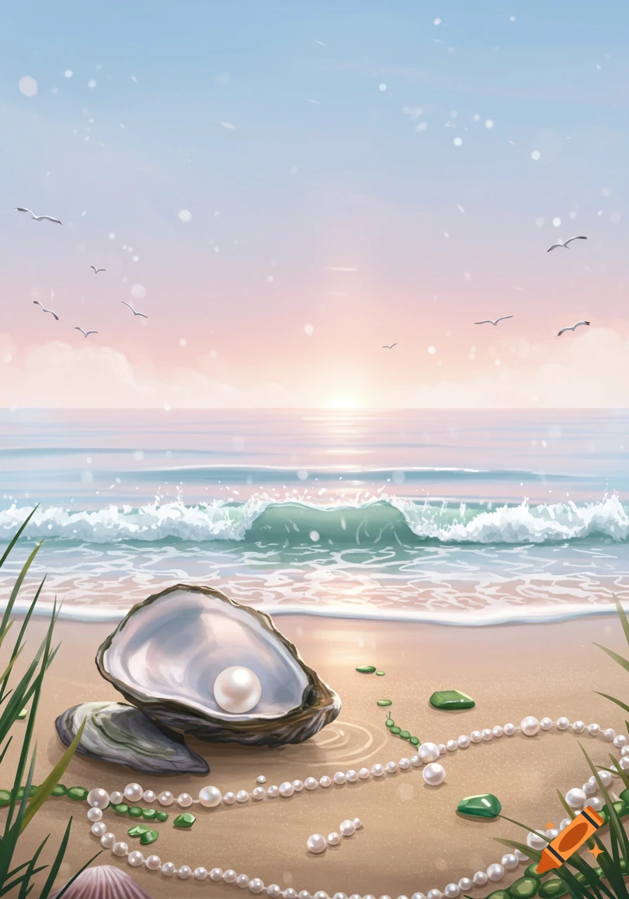 Illustrative beach scene with a sunset, waves, a large oyster holding a pearl, and a string of pearls and green beads on the sand.