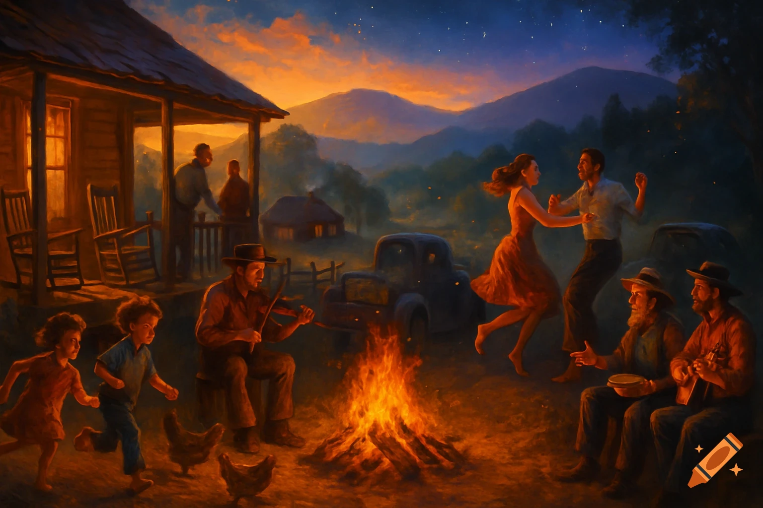 A rustic painting of people gathered around a campfire at sunset, with musicians playing, a couple dancing, and children playing among chickens, set against a mountain backdrop.