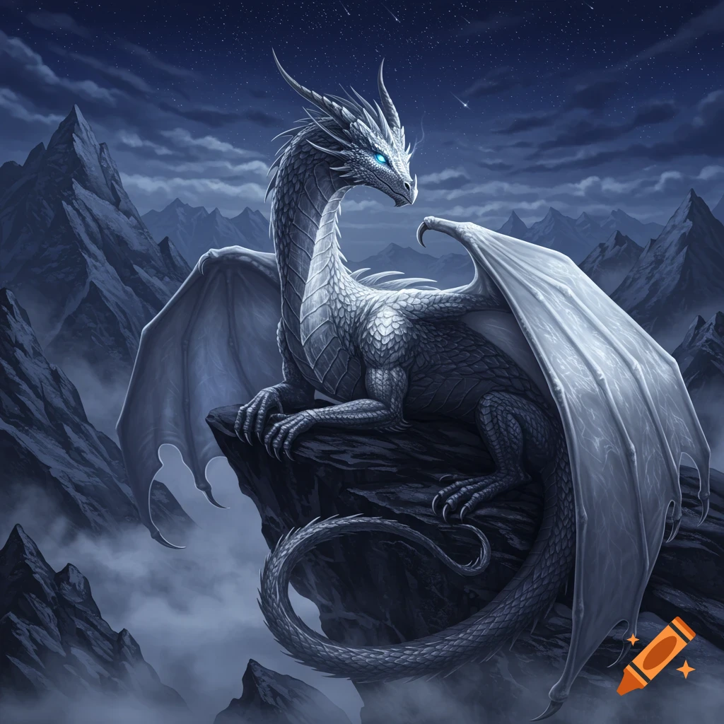 A majestic silver dragon with glowing blue eyes rests on a dark mountain peak under a starry night sky, overlooking foggy valleys.