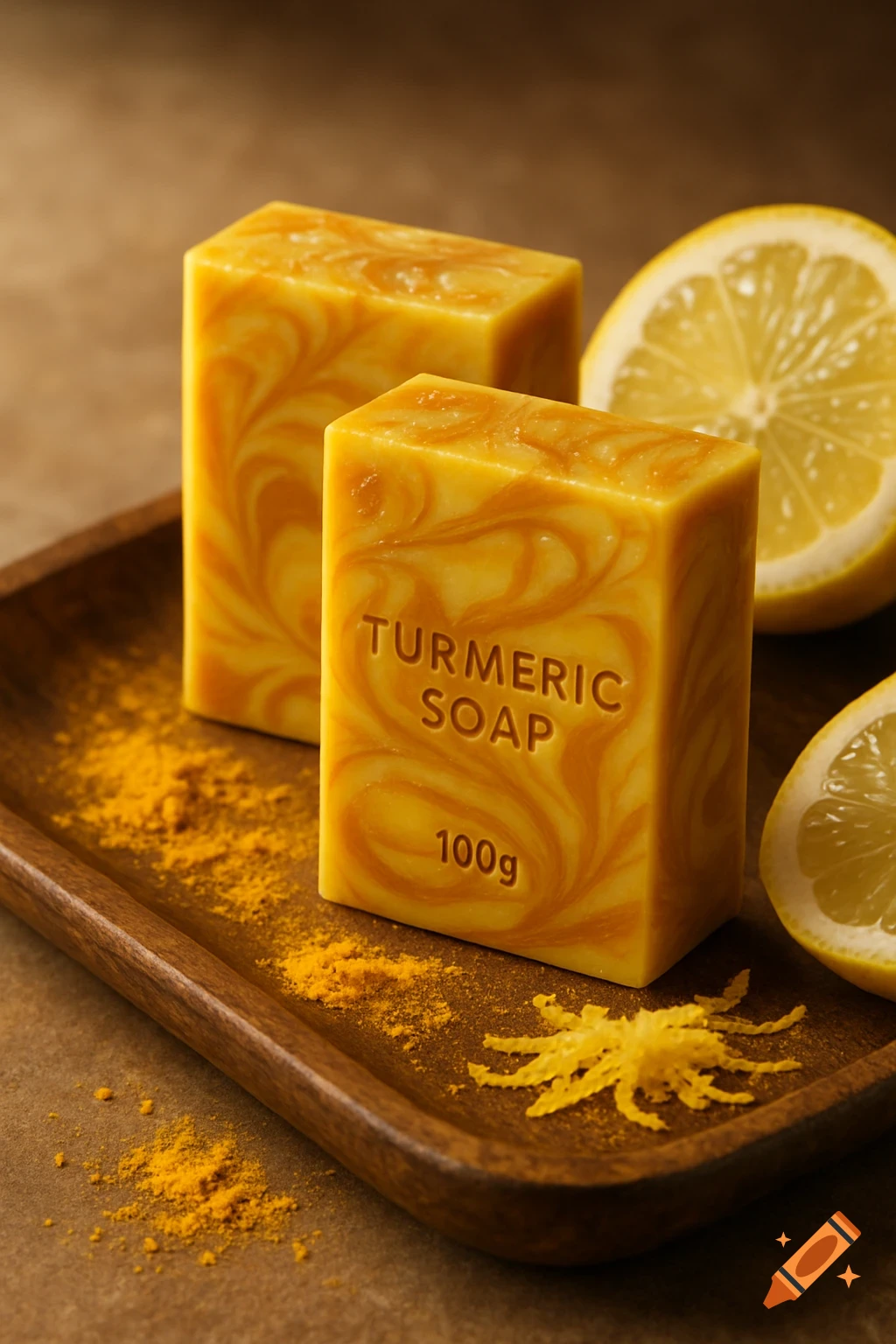 Two bars of yellow turmeric soap with marble-like patterns, surrounded by lemon halves and turmeric powder on a wooden tray, photorealistic.