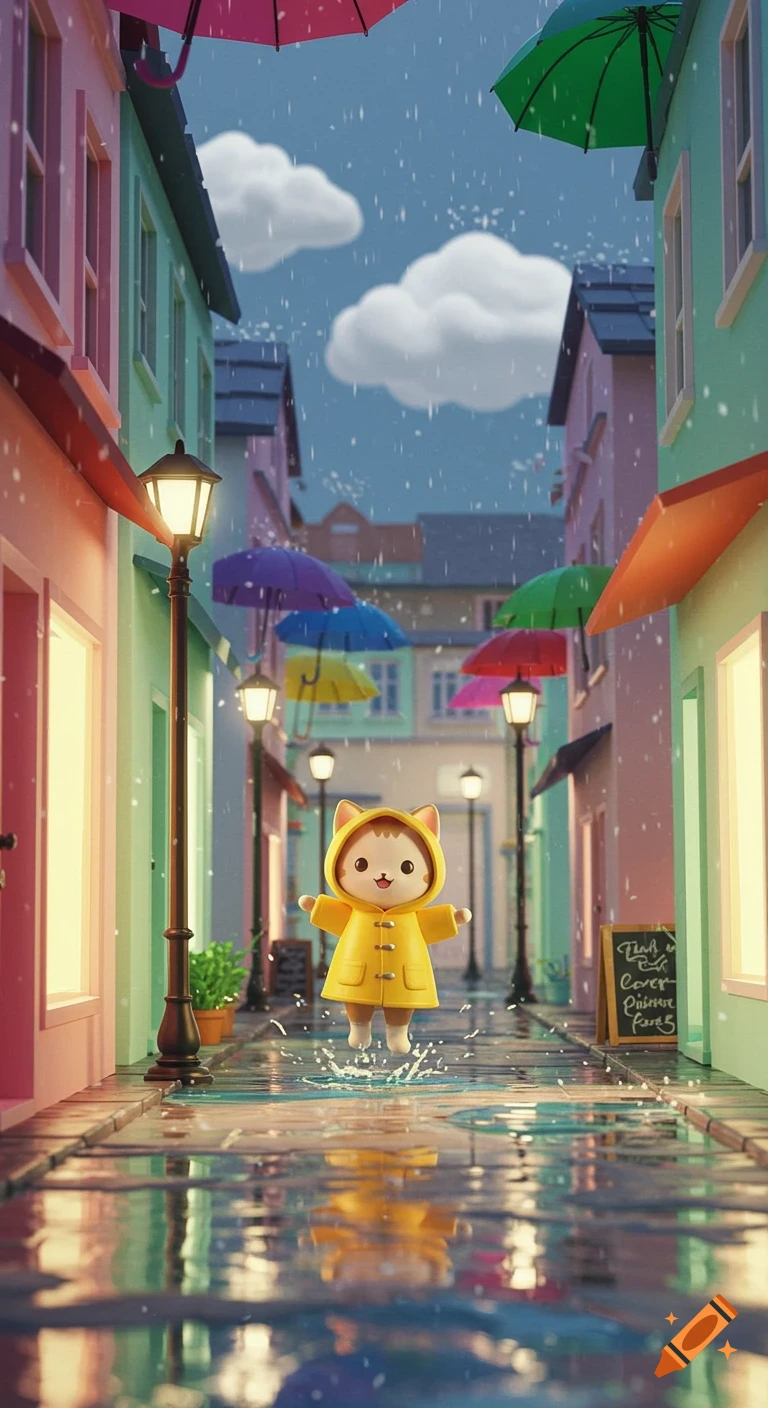 A cute cartoon kitten in a yellow raincoat jumps in a puddle on a wet, colorful street in a rainy Pixar 3D style cityscape.