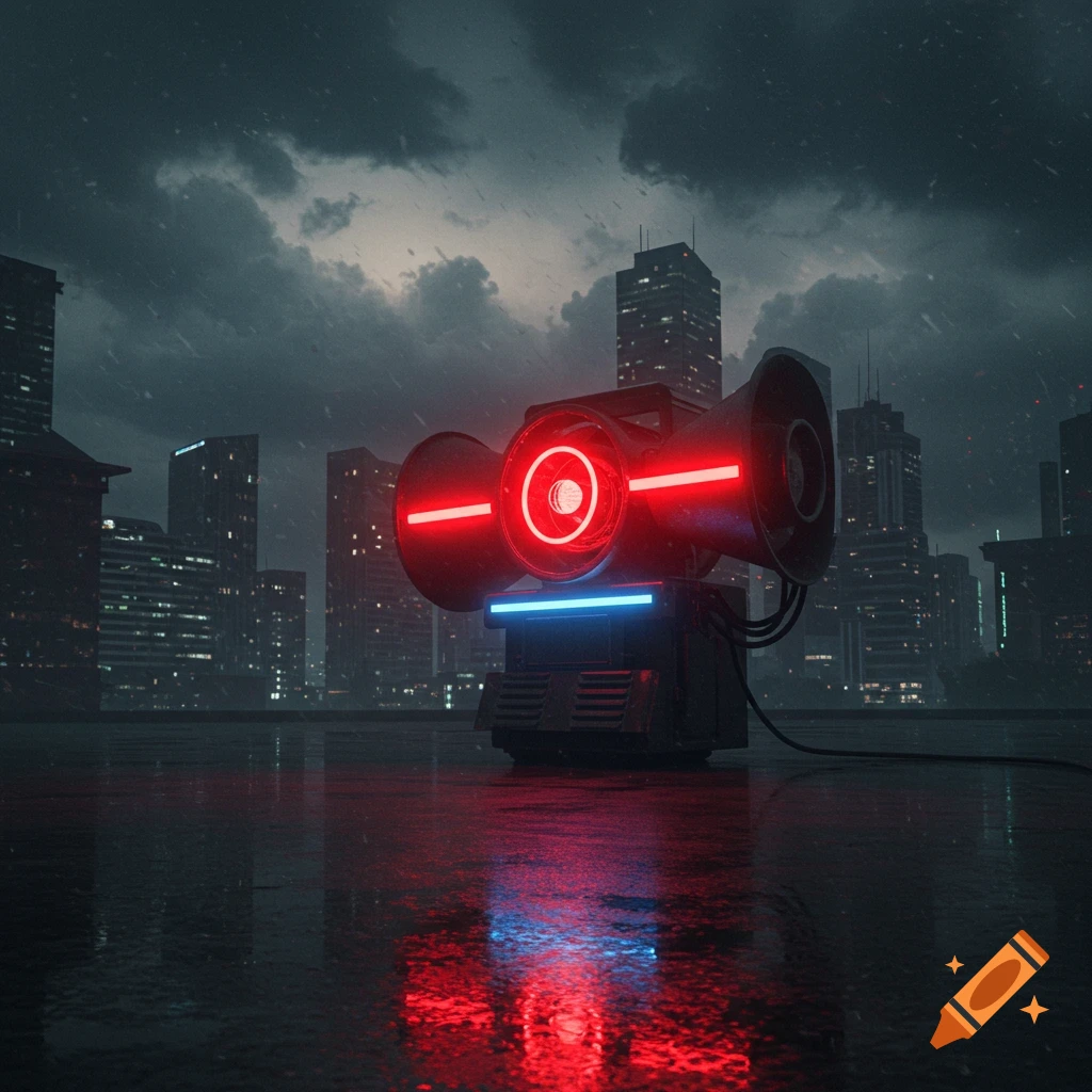 A large, futuristic siren with glowing red and blue lights on a wet city rooftop under a dark, stormy sky.