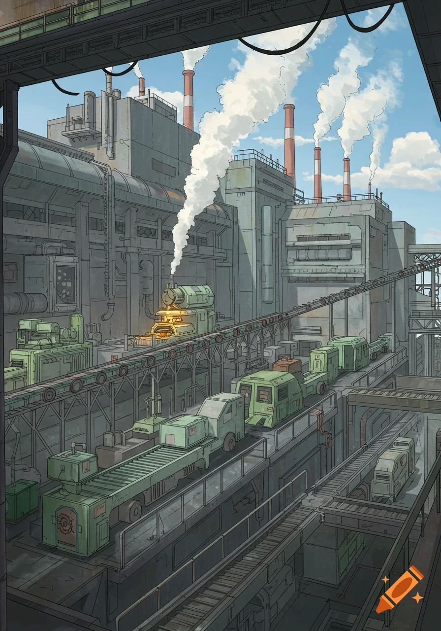 An illustrated industrial factory with multiple buildings, smokestacks, and conveyor belts transporting green vehicles.