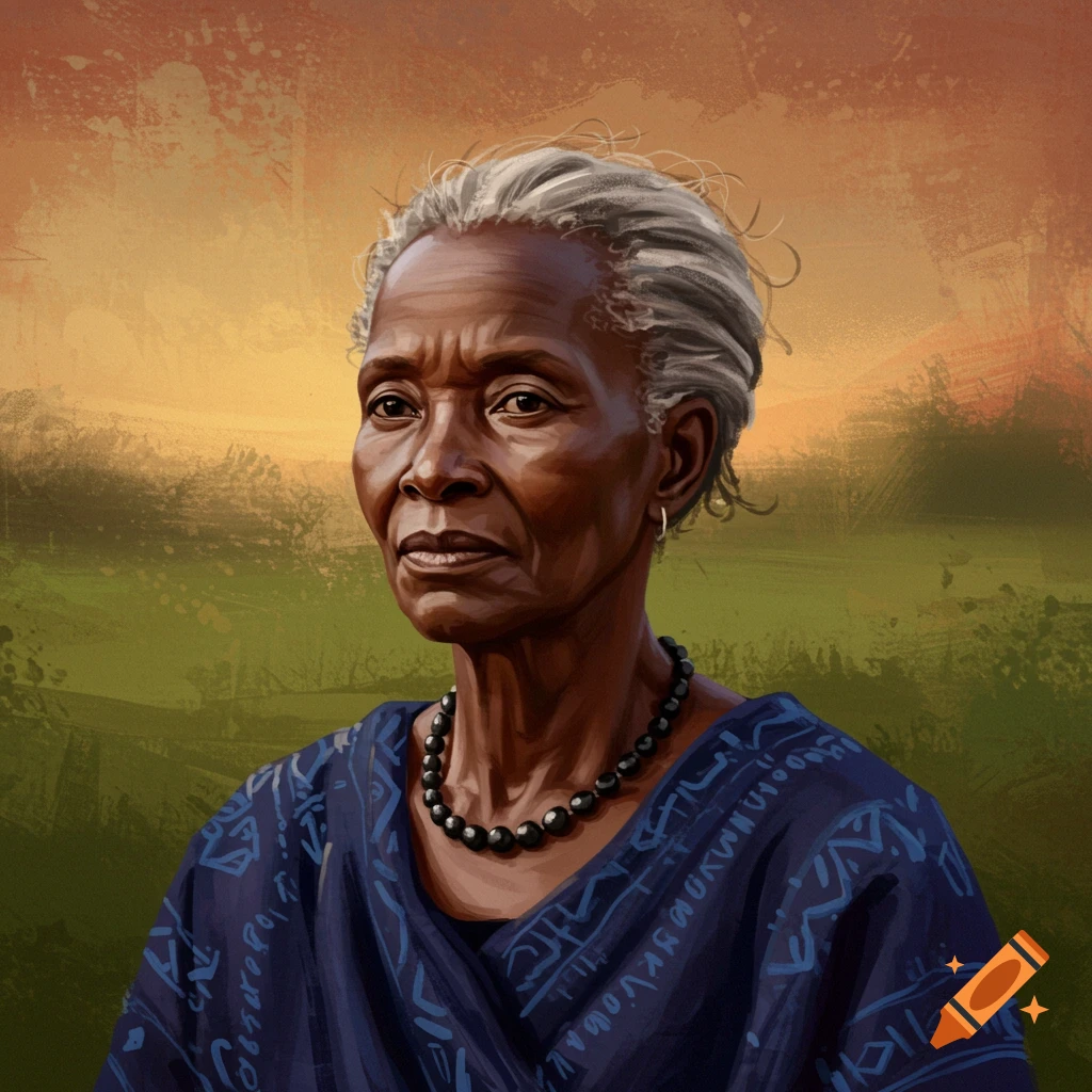 A digital painting of a dark-skinned, middle-aged woman with gray hair wearing a dark blue patterned dress and a black beaded necklace.
