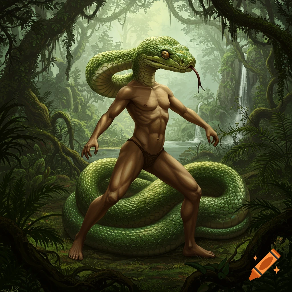 A muscular humanoid figure with a green snake head and a human body wearing a loincloth, standing in a lush jungle with a waterfall.
